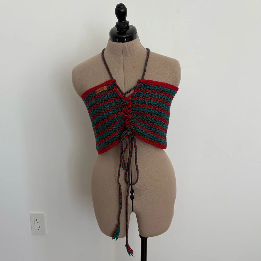Maya Bey Crochet Handmade Crochet Halter Top Red Green Blue One Size Stretchy - Picture 1 of 13